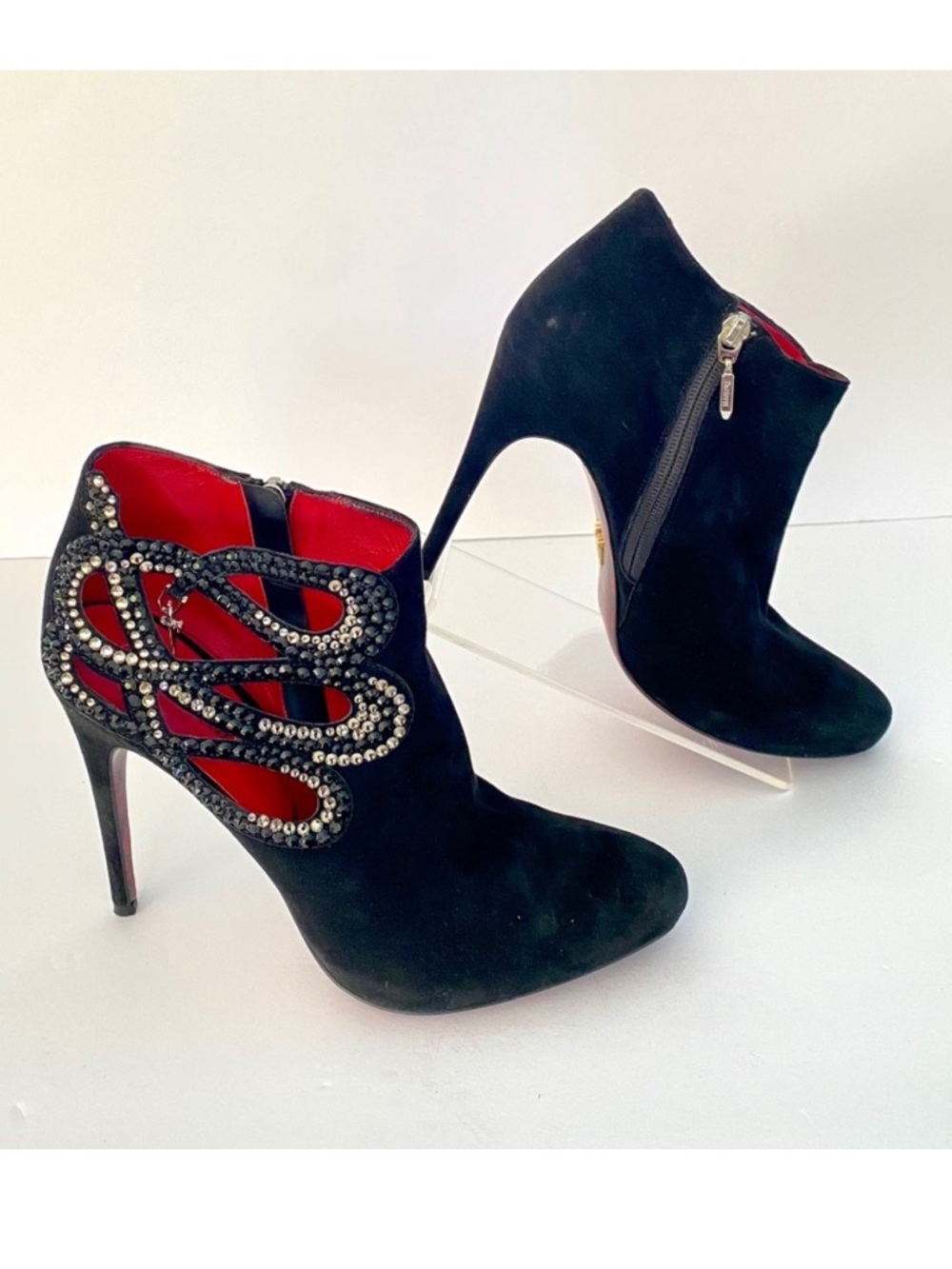 CESARE PACIOTTI black suede embellished heeled bootie size 38